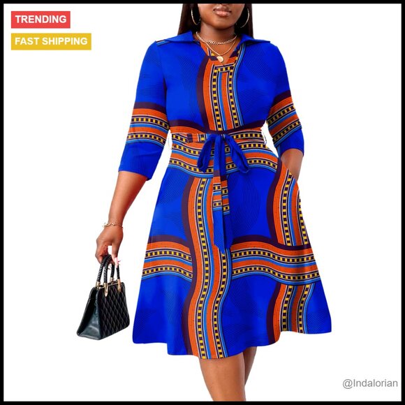 Dresses & Skirts - Plus Size Midi Dress 3/4 Sleeve V Neck Elegant Cocktail Party Wedding Guest